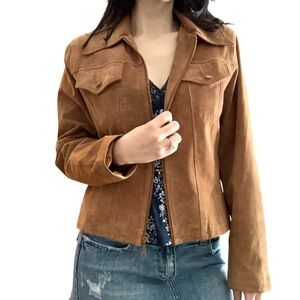 Express Bleus | Vintage Tan Brown Genuine Suede Leather Zip Front Cropped Jacket